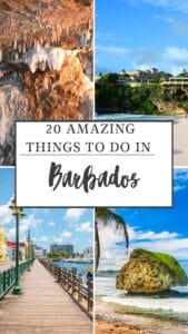 Discover the wonders of Barbados with a collage capturing its top attractions: explore stalactites in a cave, relax on a scenic beach lined with houses, stroll along a vibrant boardwalk by colorful buildings, and marvel at a large rock on a sandy shore beneath the clear blue sky.