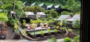 A tropical resort in St. Lucia features wooden cabins surrounded by lush greenery. The central deck area, with lounge chairs and umbrellas, overlooks a small pond amidst the serene landscape—a perfect retreat after your chocolate tour through the dense forest backdrop.