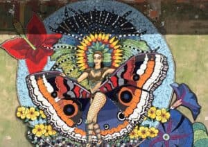 Mosaic mural of a woman with butterfly wings, surrounded by vibrant flowers and colorful patterns in a circular design.