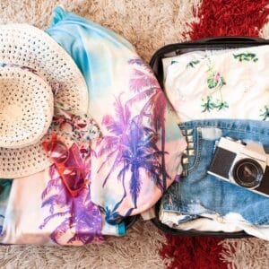 Open suitcase with denim shorts, a tropical-print shirt, vintage camera, pink sunglasses, a sun hat, and a palm tree-patterned garment on a carpeted floor.