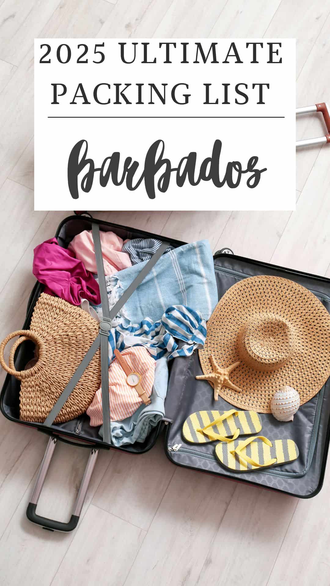 Open suitcase with summer clothes, straw hats, flip-flops, and a woven bag on a light floor, topped by a sign that reads "2025 Ultimate Barbados Packing List.