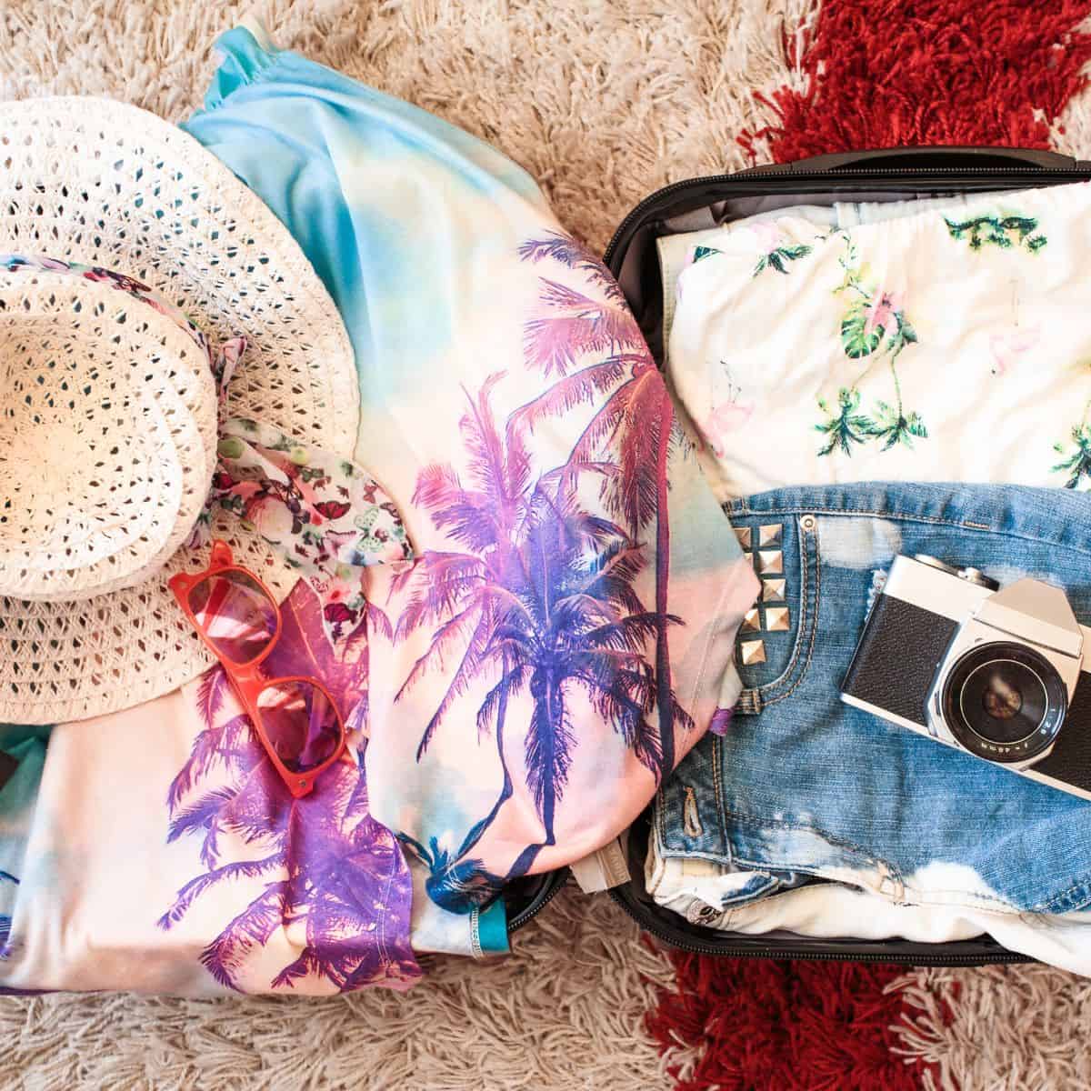 Open suitcase with denim shorts, a tropical-print shirt, vintage camera, pink sunglasses, a sun hat, and a palm tree-patterned garment on a carpeted floor.