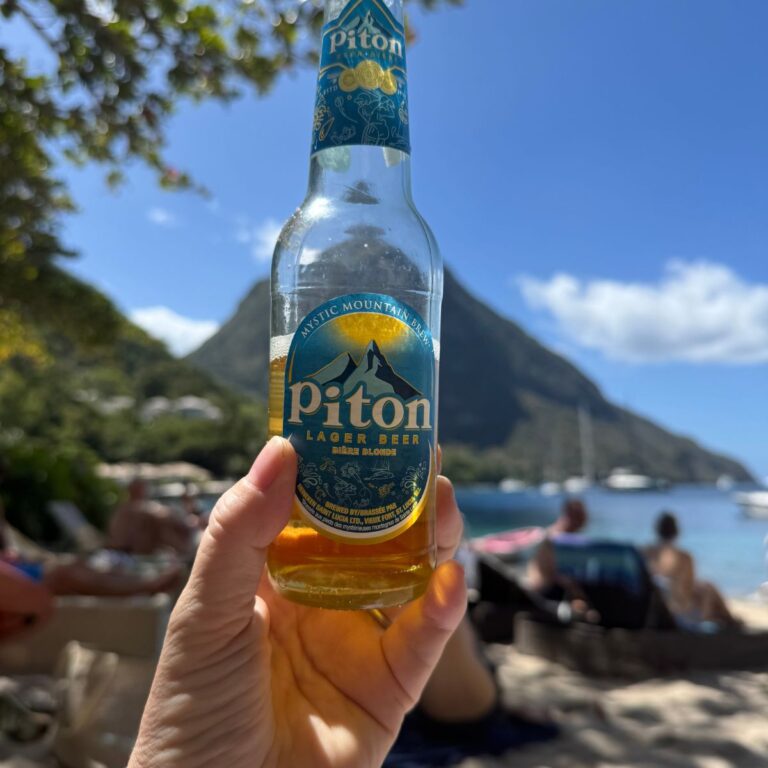 A hand holding a bottle of Piton beer at a beach, with mountains, blue sky, and people sitting near the water in the background.