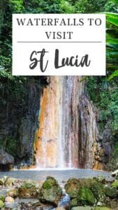 A waterfall flows over rocks surrounded by lush green vegetation. Text above reads, “St Lucia Waterfalls to Visit.”.