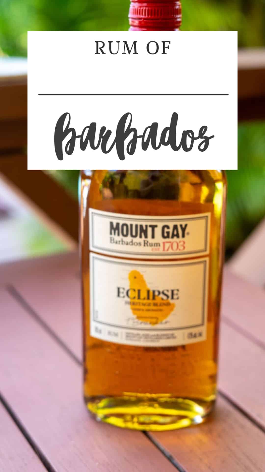 A bottle of Mount Gay Eclipse, the iconic rum in Barbados, sits on a wooden table with greenery in the background. A sign above reads "Rum of Barbados.